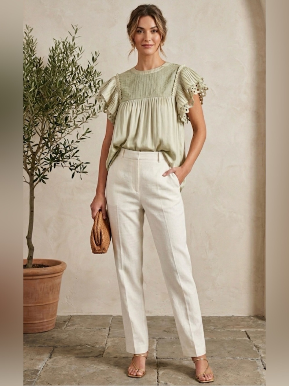 Anthropologie Current Air Green Ruffle Sleeve Blouse